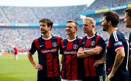 Soccer players on the field reflecting on their careers.