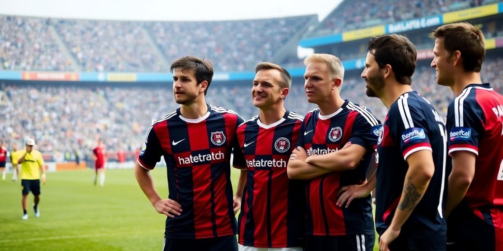 Soccer players on the field reflecting on their careers.