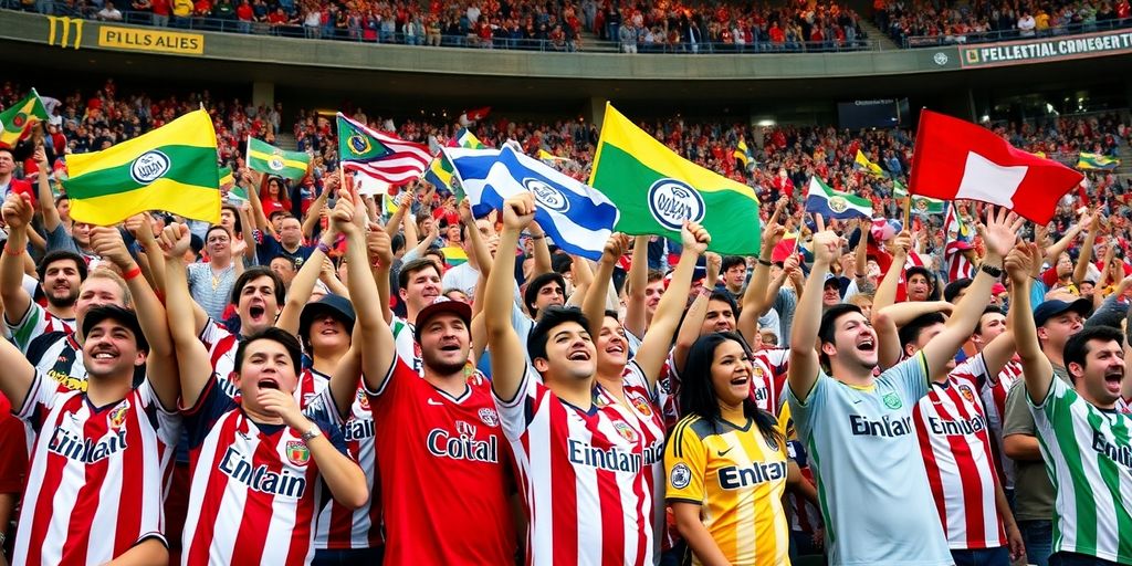 Excited soccer fans cheering in a stadium.