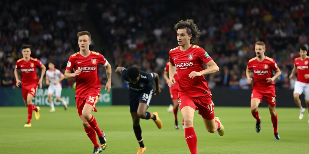 Chicago Fire players in red jerseys during a match.