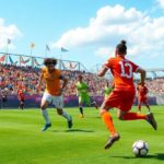 Soccer players in action on a vibrant field.