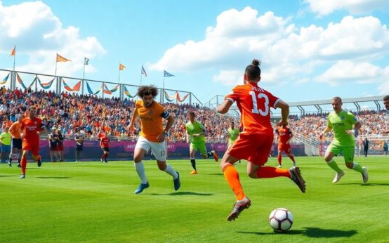 Soccer players in action on a vibrant field.