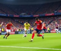 Soccer players in action during a colorful stadium match.