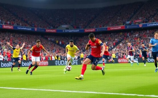 Soccer players in action during a colorful stadium match.