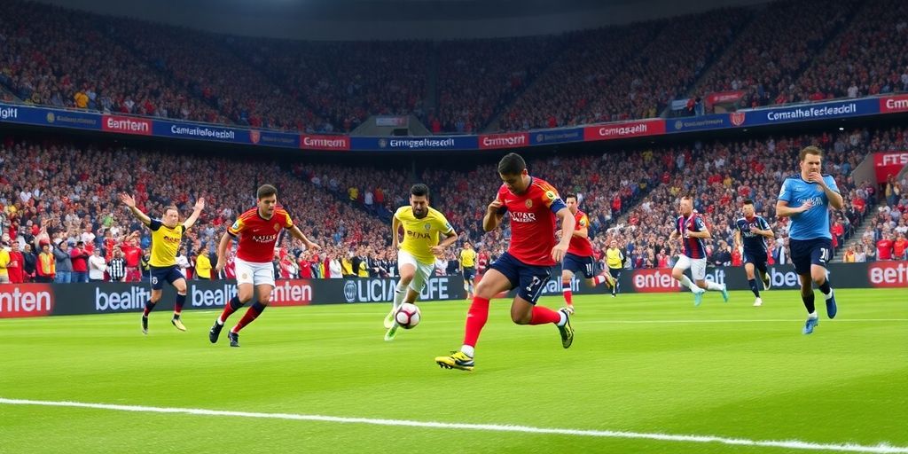 Soccer players in action during a colorful stadium match.