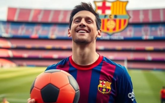 Lionel Messi smiling in Barcelona jersey at Camp Nou.