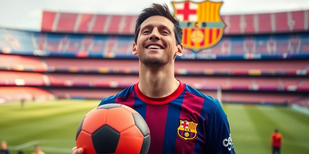 Lionel Messi smiling in Barcelona jersey at Camp Nou.