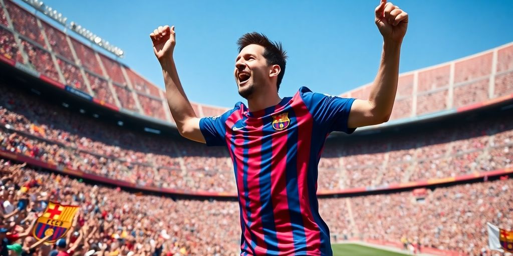 Lionel Messi celebrating a goal in Barcelona jersey.