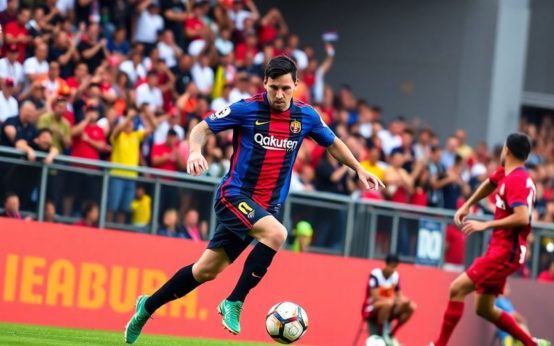 Lionel Messi dribbling the ball in preseason match.