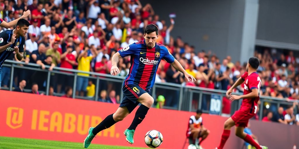 Lionel Messi dribbling the ball in preseason match.