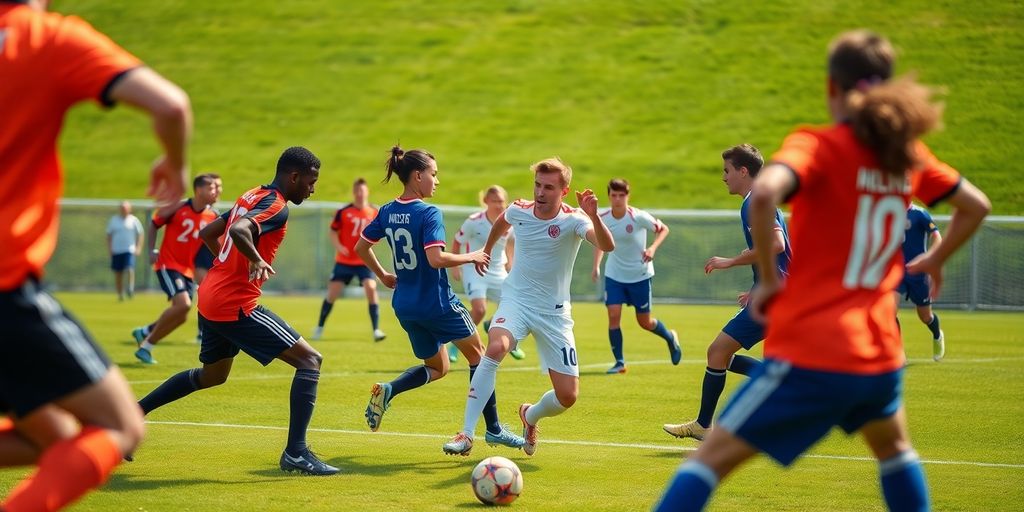 Soccer players in action on a vibrant green field.