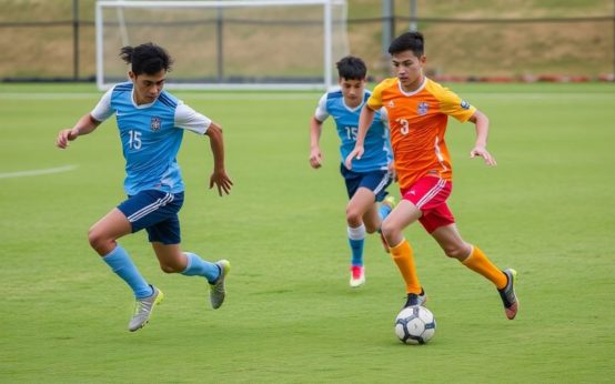 Soccer players competing on the field during a match.