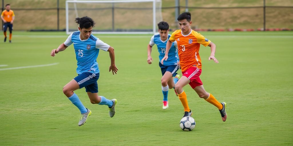 Soccer players competing on the field during a match.