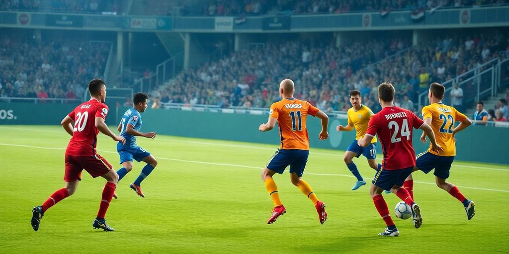 Soccer players competing on a green field during a match.