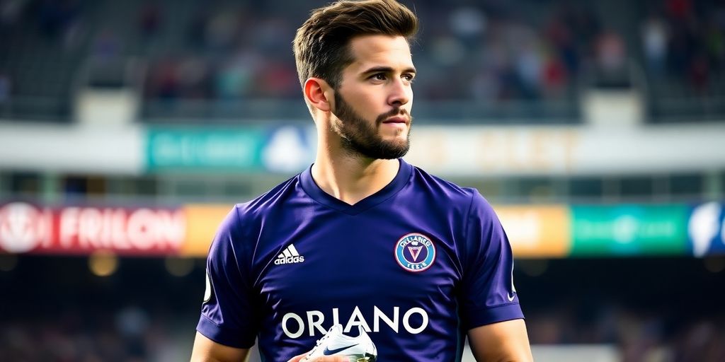 Jack Lynn in Orlando City uniform holding cleats.