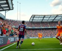 Soccer players in colorful jerseys during an intense match.