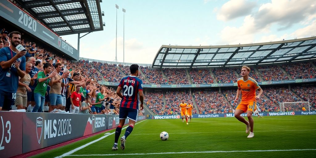 Soccer players in colorful jerseys during an intense match.