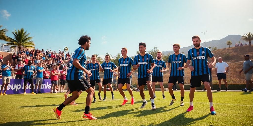 Inter Miami players training outdoors during preseason tour.