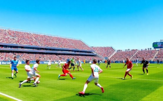 Diverse soccer players in action on a lush field.