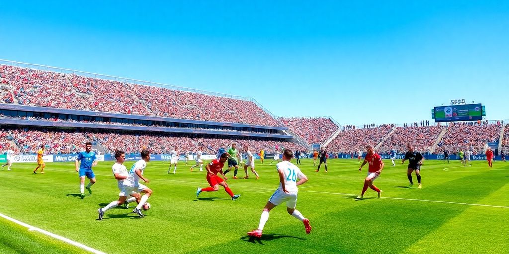 Diverse soccer players in action on a lush field.