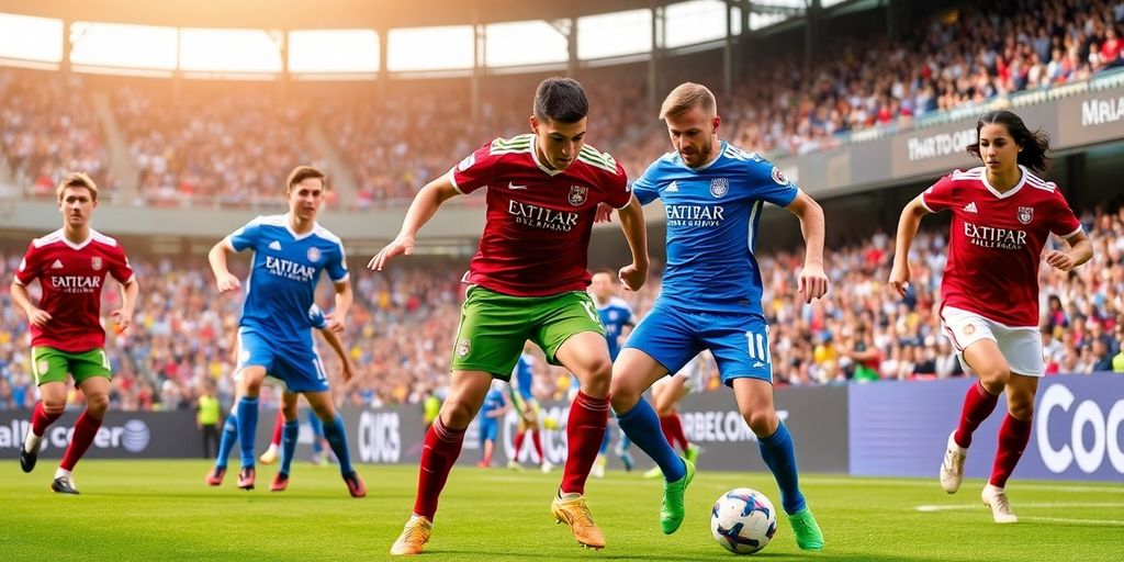 Soccer players competing in a vibrant stadium atmosphere.