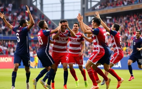 USMNT players celebrating a goal in January camp.