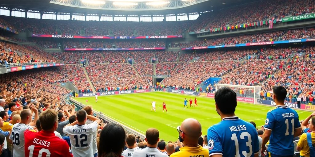 Major League Soccer match with fans and players in action.