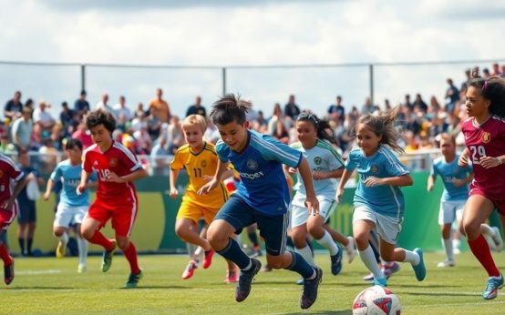 Diverse soccer players in action on a vibrant field.