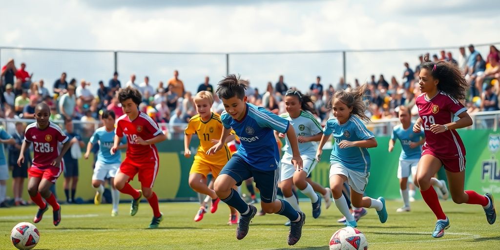 Diverse soccer players in action on a vibrant field.