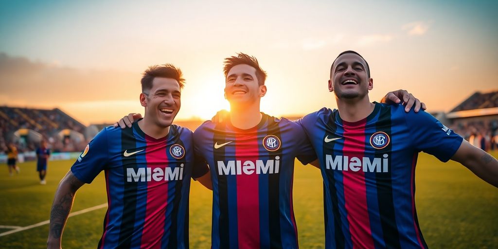 Neymar, Messi, and Suárez celebrating in Inter Miami jerseys.