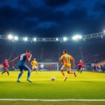 Soccer players in action under stadium lights at night.