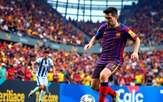 Lionel Messi dribbling the ball against Club America.