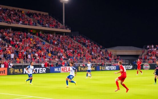 Soccer players on a field during an MLS match.