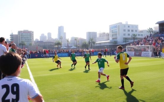 Soccer match in San Diego with players and cheering fans.