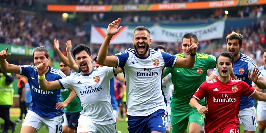 Soccer players celebrating after a major transfer announcement.