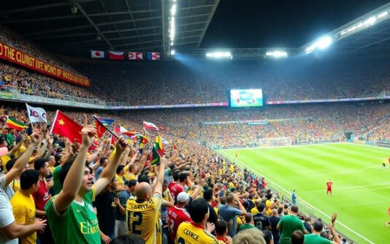 Excited soccer fans cheering at a packed stadium.