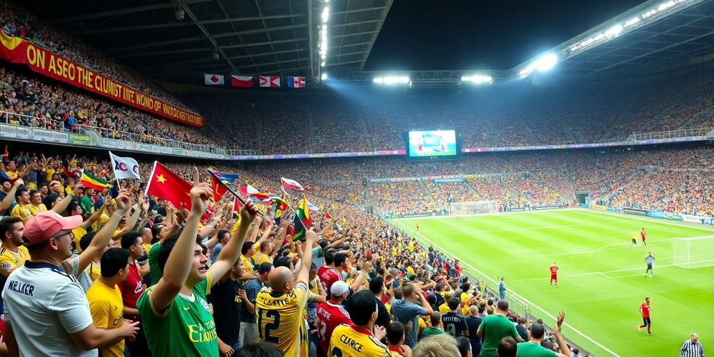 Excited soccer fans cheering at a packed stadium.