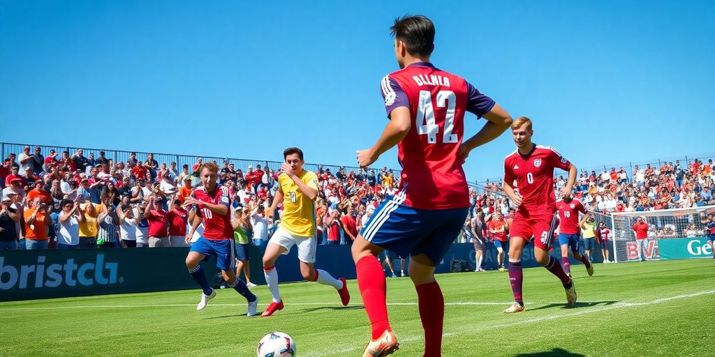 Photograph of a local soccer game with players and fans.