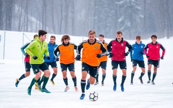 Soccer players in colorful jerseys training on snowy field.