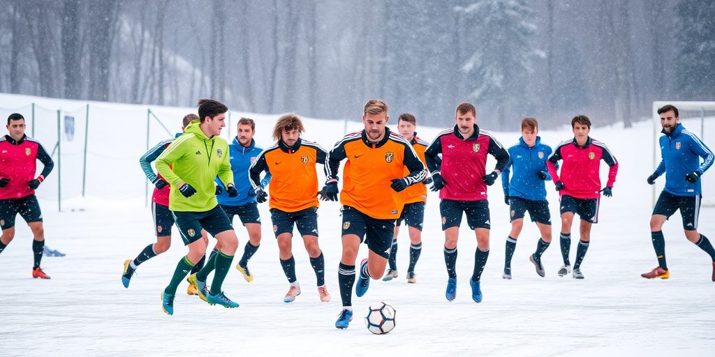 Soccer players in colorful jerseys training on snowy field.