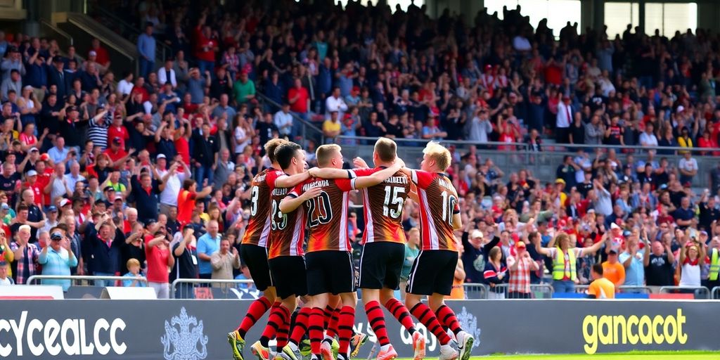 Jersey FC players celebrating a goal with fans.