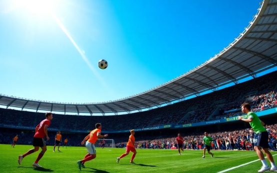 Soccer players on a field with fans in the background.