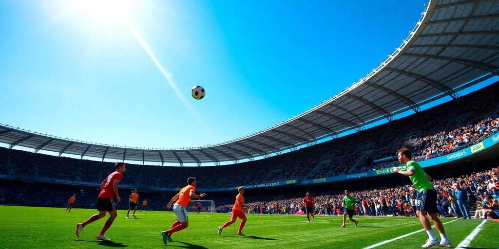 Soccer players on a field with fans in the background.