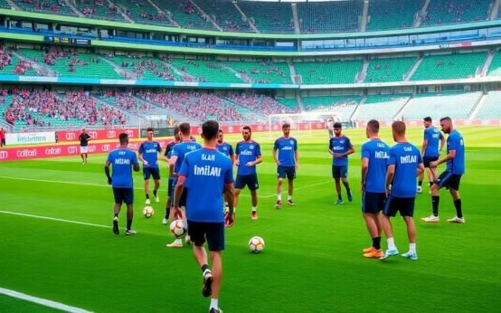 Inter Miami players training with new signings on the field.