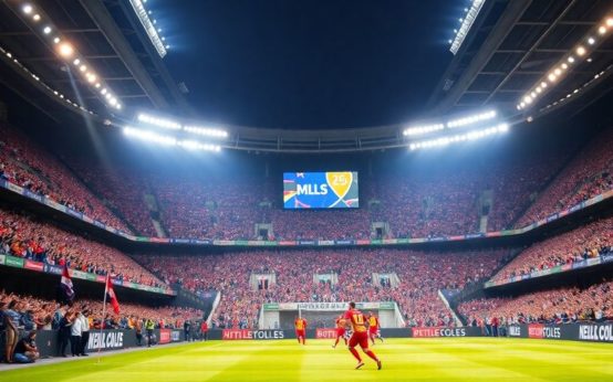 Soccer players in action at a packed MLS stadium.