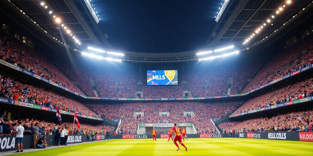 Soccer players in action at a packed MLS stadium.