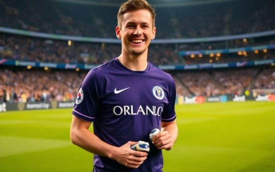 Jack Lynn in Orlando City jersey holding his cleats.