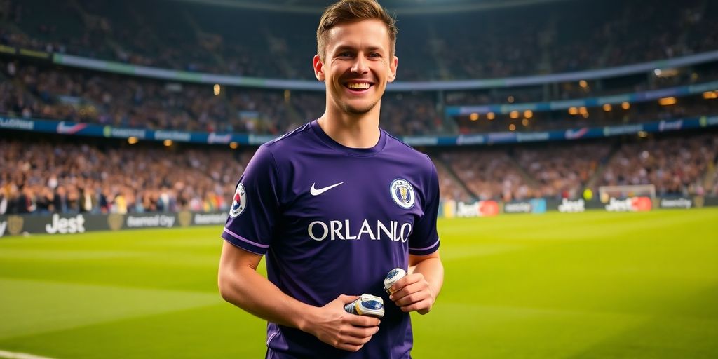 Jack Lynn in Orlando City jersey holding his cleats.