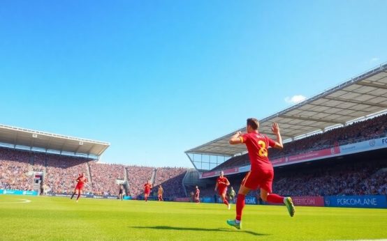 Soccer players in action on a vibrant field.