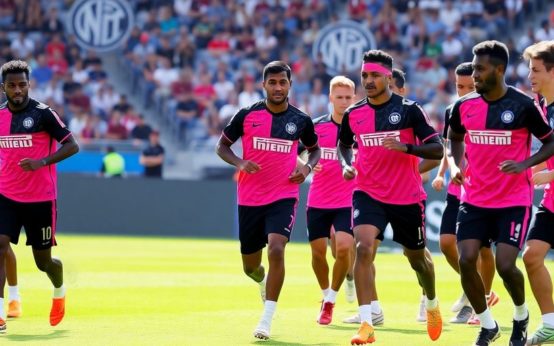 Inter Miami players training in pink and black kits.